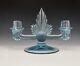 Rare Pair Vtg Blue Art Deco Fostoria Flame Glass Double Candlesticks/holders