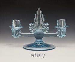 RARE Pair Vtg Blue Art Deco Fostoria Flame Glass Double Candlesticks/holders