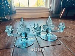 RARE Pair Vtg Blue Art Deco Fostoria Flame Glass Double Candlesticks/holders