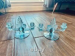 RARE Pair Vtg Blue Art Deco Fostoria Flame Glass Double Candlesticks/holders