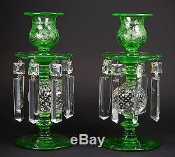 RARE Pairpoint Glass Green Ball Etched Set of Candle Holders Original Prisms