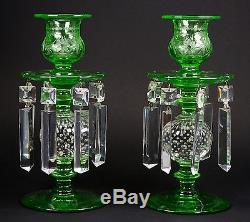 RARE Pairpoint Glass Green Ball Etched Set of Candle Holders Original Prisms