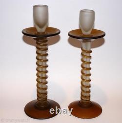 RARE Vtg Candle Sticks Art GLaSs Threaded Swirl Candle Holders Wrapped Matte