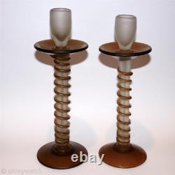 RARE Vtg Candle Sticks Art GLaSs Threaded Swirl Candle Holders Wrapped Matte