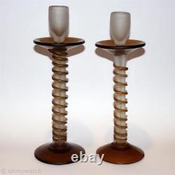 RARE Vtg Candle Sticks Art GLaSs Threaded Swirl Candle Holders Wrapped Matte