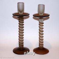 RARE Vtg Candle Sticks Art GLaSs Threaded Swirl Candle Holders Wrapped Matte