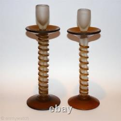 RARE Vtg Candle Sticks Art GLaSs Threaded Swirl Candle Holders Wrapped Matte