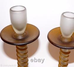 RARE Vtg Candle Sticks Art GLaSs Threaded Swirl Candle Holders Wrapped Matte