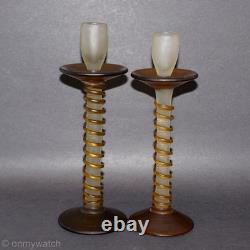 RARE Vtg Candle Sticks Art GLaSs Threaded Swirl Candle Holders Wrapped Matte