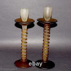 RARE Vtg Candle Sticks Art GLaSs Threaded Swirl Candle Holders Wrapped Matte