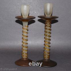 RARE Vtg Candle Sticks Art GLaSs Threaded Swirl Candle Holders Wrapped Matte