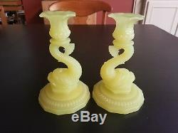 RARE Yellow French Portieux-Vallerysthal Dolphin Glass Antique Candlesticks