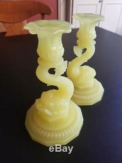 RARE Yellow French Portieux-Vallerysthal Dolphin Glass Antique Candlesticks
