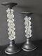 Retired Pier 1 Glass & Black Wood Candle Stick Holders Set Of 2 Mcm Beautiful