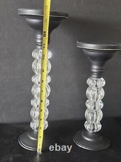 RETIRED PIER 1 Glass & Black Wood Candle Stick Holders Set of 2 MCM BEAUTIFUL