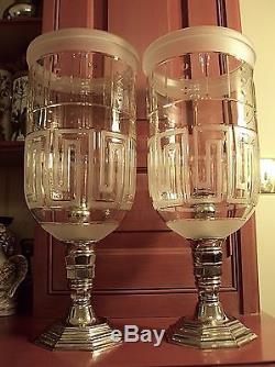 Ralph Lauren Greek Key 18 Hurricane Candle Holders (2) Mouth Blown Etched Glass