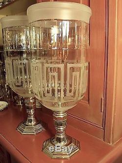 Ralph Lauren Greek Key 18 Hurricane Candle Holders (2) Mouth Blown Etched Glass