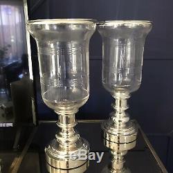 Ralph Lauren Hurricane Glass Silver Pillar Candle Holders Set Pair Tall Classic