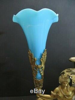 Rare 1850's Bronze Girandole With Blue Opalene Vase Marble Base Cut Glass Prisms