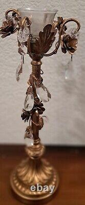 Rare Antique Gold Metallic Floral Candlestick With Crystal Leaves 15