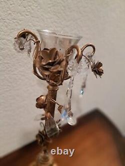 Rare Antique Gold Metallic Floral Candlestick With Crystal Leaves 15