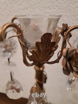 Rare Antique Gold Metallic Floral Candlestick With Crystal Leaves 15