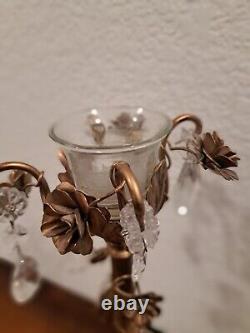 Rare Antique Gold Metallic Floral Candlestick With Crystal Leaves 15