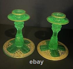 Rare Antique Green Etched Vaseline Glass Candle Stick Holders with Gold Gilding