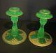 Rare Antique Green Etched Vaseline Glass Candle Stick Holders With Gold Gilding