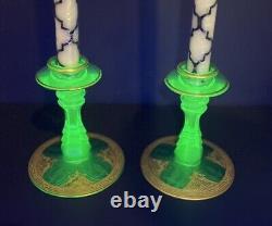 Rare Antique Green Etched Vaseline Glass Candle Stick Holders with Gold Gilding