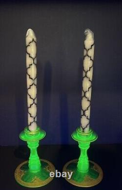 Rare Antique Green Etched Vaseline Glass Candle Stick Holders with Gold Gilding