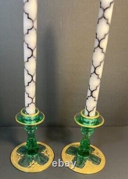 Rare Antique Green Etched Vaseline Glass Candle Stick Holders with Gold Gilding