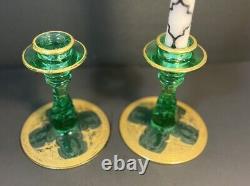 Rare Antique Green Etched Vaseline Glass Candle Stick Holders with Gold Gilding