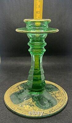 Rare Antique Green Etched Vaseline Glass Candle Stick Holders with Gold Gilding