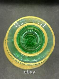 Rare Antique Green Etched Vaseline Glass Candle Stick Holders with Gold Gilding