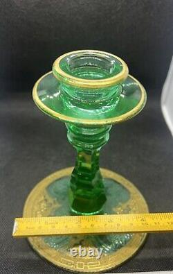 Rare Antique Green Etched Vaseline Glass Candle Stick Holders with Gold Gilding