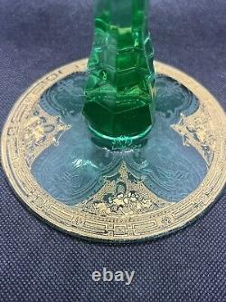 Rare Antique Green Etched Vaseline Glass Candle Stick Holders with Gold Gilding