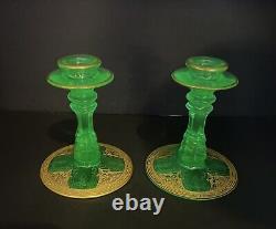 Rare Antique Green Etched Vaseline Glass Candle Stick Holders with Gold Gilding