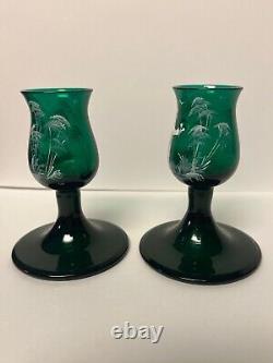 Rare Deep Green Mary Gregory Style Glass Candle Stick Holders White Enamel