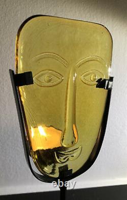 Rare ERIK HOGLUND KOSTA BODA SWEDEN Glass Face and Iron Candle Holder Yellow 11