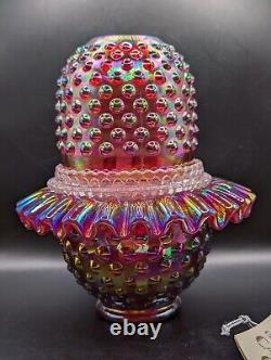 Rare Fenton Red Carnival Glass Royal Hobnail 3 Piece Fairy Lamp With Tag NM