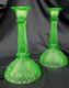 Rare Green Vaseline Uranium Candle Stick Holders In Sharp Diamond Motif Gs00162