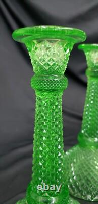 Rare Green Vaseline Uranium Candle Stick Holders in Sharp Diamond Motif GS00162