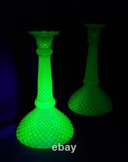 Rare Green Vaseline Uranium Candle Stick Holders in Sharp Diamond Motif GS00162