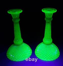 Rare Green Vaseline Uranium Candle Stick Holders in Sharp Diamond Motif GS00162