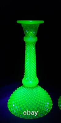Rare Green Vaseline Uranium Candle Stick Holders in Sharp Diamond Motif GS00162