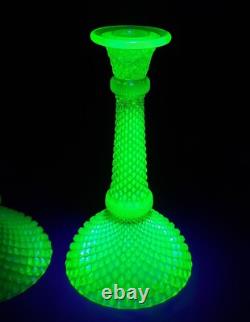 Rare Green Vaseline Uranium Candle Stick Holders in Sharp Diamond Motif GS00162