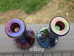 Rare Imperial Amethyst Carnival Glass Six Sided Candlestick Holder Pair C1910
