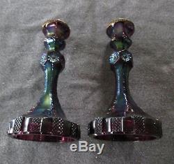 Rare Imperial Amethyst Carnival Glass Six Sided Candlestick Holder Pair C1910