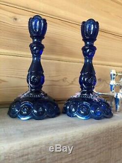 Rare L E SMITH COBALT BLUE MOON AND STAR 9 1/4 CANDLESTICKS CANDLE HOLDERS HTF